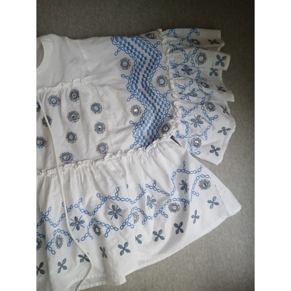 Pure Collection Top Small Embroidered Eyelet Peasant Cottage Boho Tasseled
